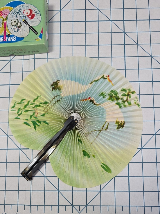 Unknown Accessories - Chinese Paper Folding Hand Fan W/Metal Handle, VTG Mid-Century, #60